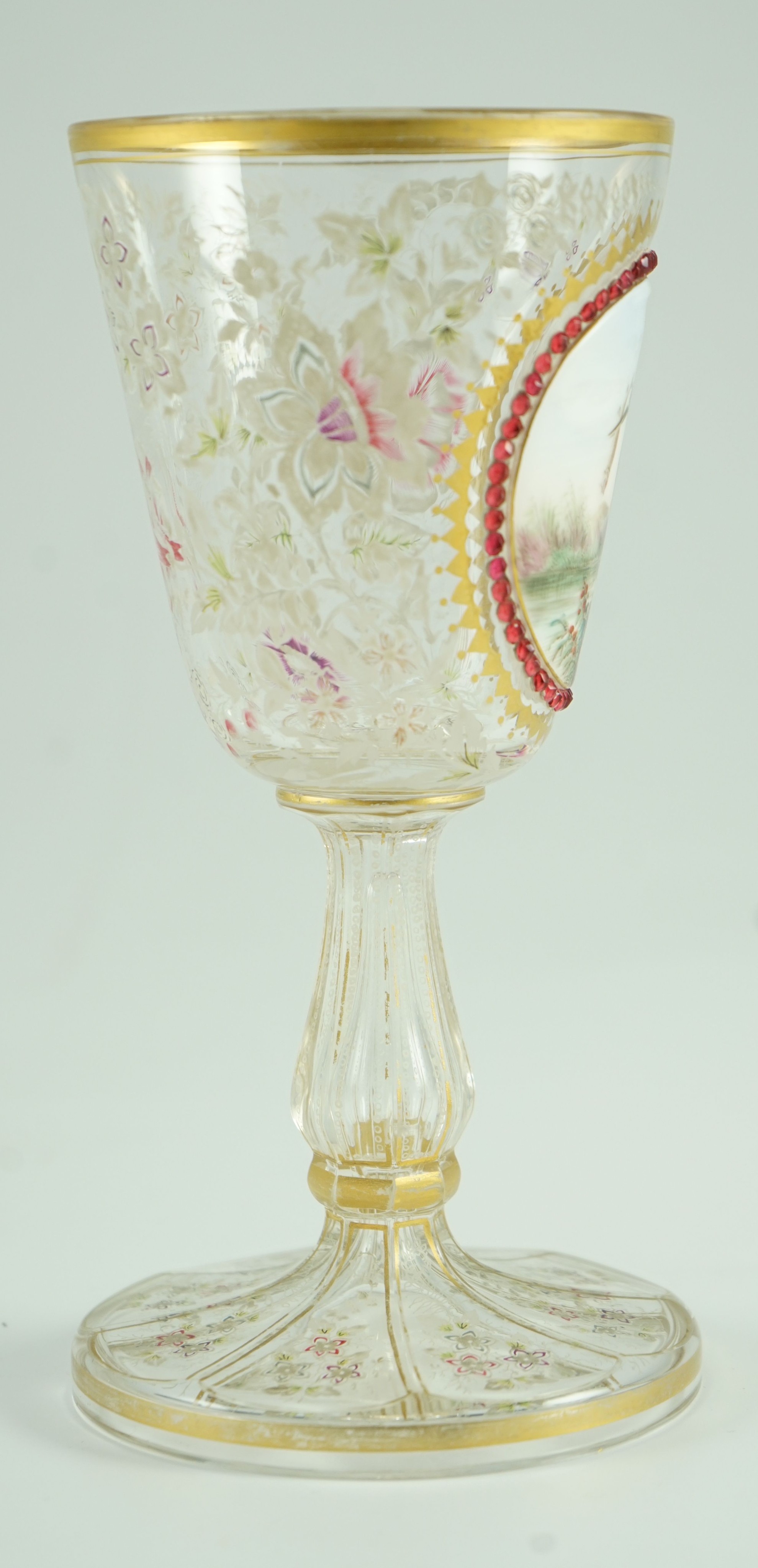 A Bohemian enamelled glass ‘Kingfisher’ goblet, late 19th century, 19.5 cm high